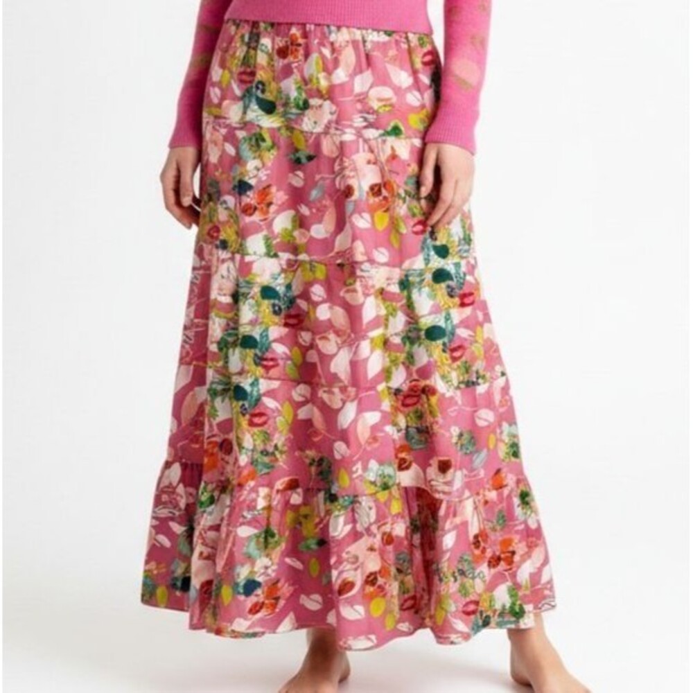 Calessa Tiered Floral Maxi Skirt Size Large Pink Cottage Prairie Boho Lined